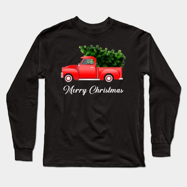 Merry Christmas Retro Vintage Red Truck Long Sleeve T-Shirt by Kimko